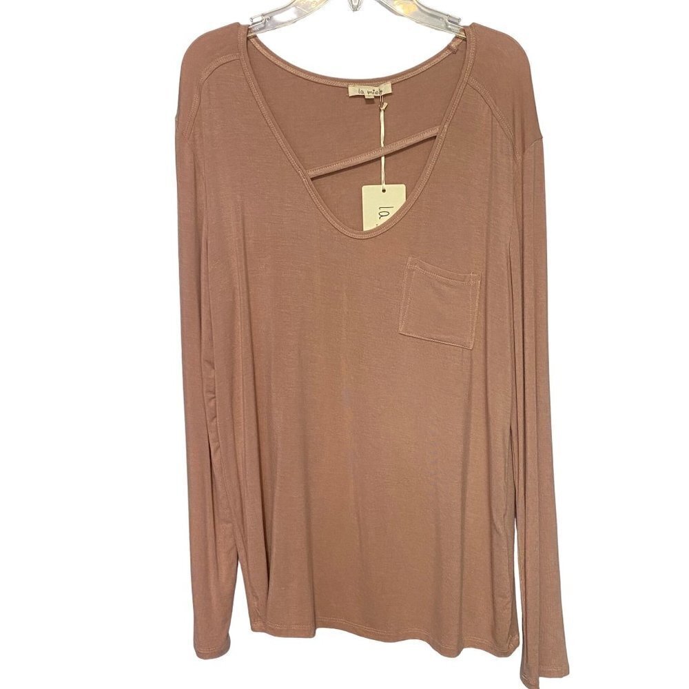 New La Miel Super Soft Long Sleeve Pocket Tee with Cutout Detail Size Small
